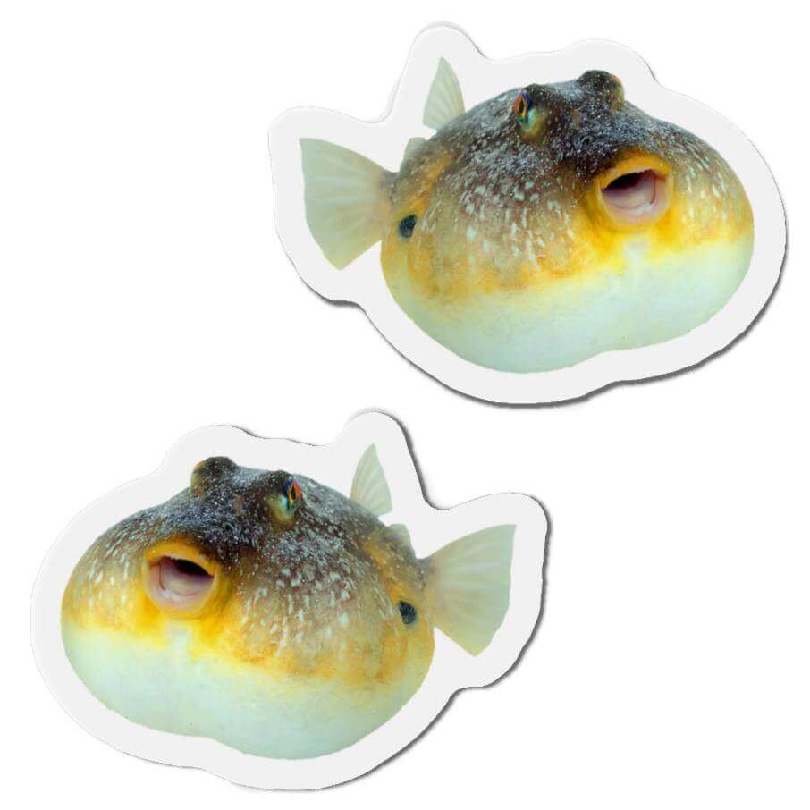 Two Pufferfish shaped magnets, perfect for fish décor on any fridge or magnetic surface.