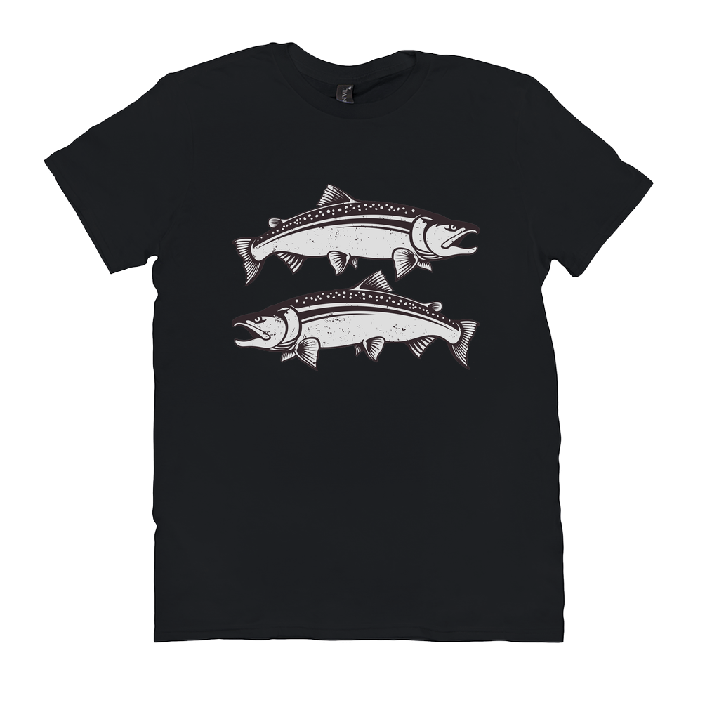 Coho Salmon T-Shirt with black and white fish design, perfect for fishing enthusiasts, made from 100% cotton for comfort and durability