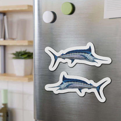 Blue Marlin fish shaped magnets on a refrigerator, perfect for fun kitchen décor and fishing fans.