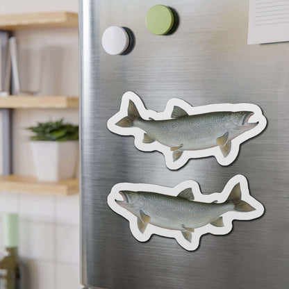 Lake Trout fish shaped magnets on fridge, adding fun fish décor to kitchen.