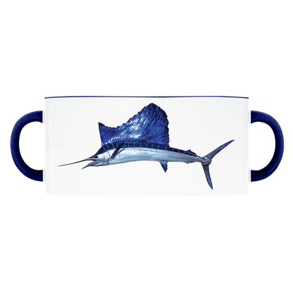 Dual-handle mug featuring a detailed illustration of a blue sailfish on a white background.