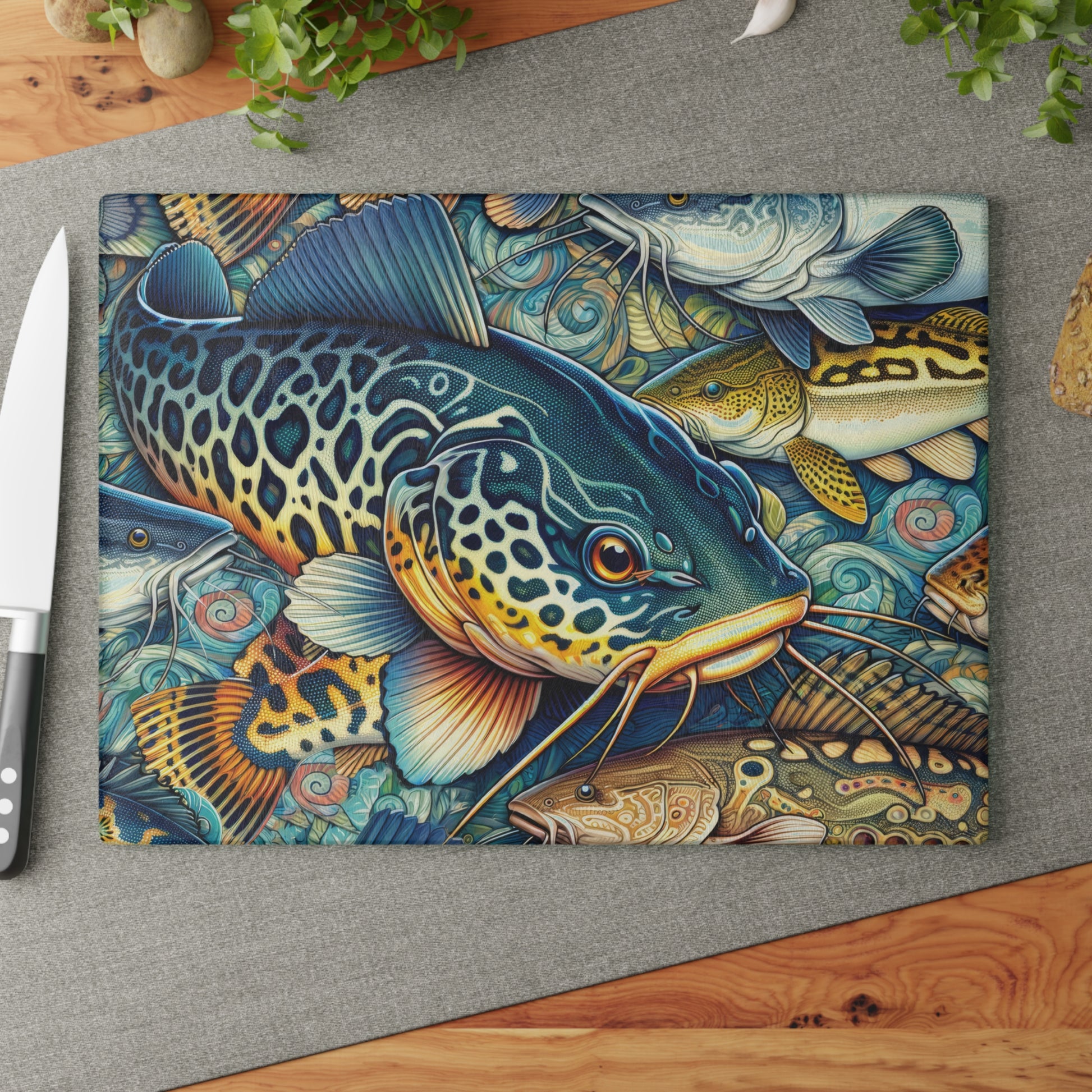 Vibrant catfish design glass cutting board on kitchen counter with knife and fresh herbs