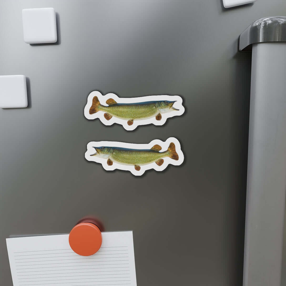 Northern Pike fish shaped magnets on fridge, perfect for fish décor and fun fridge magnets enthusiasts.