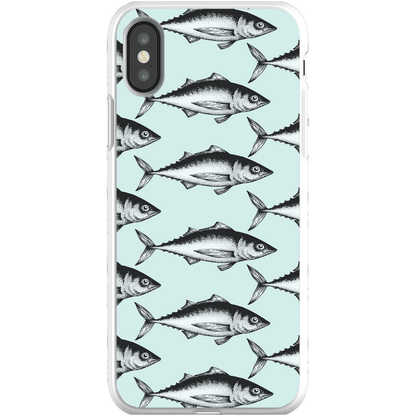 iPhone case with vintage fish pattern on a light blue background