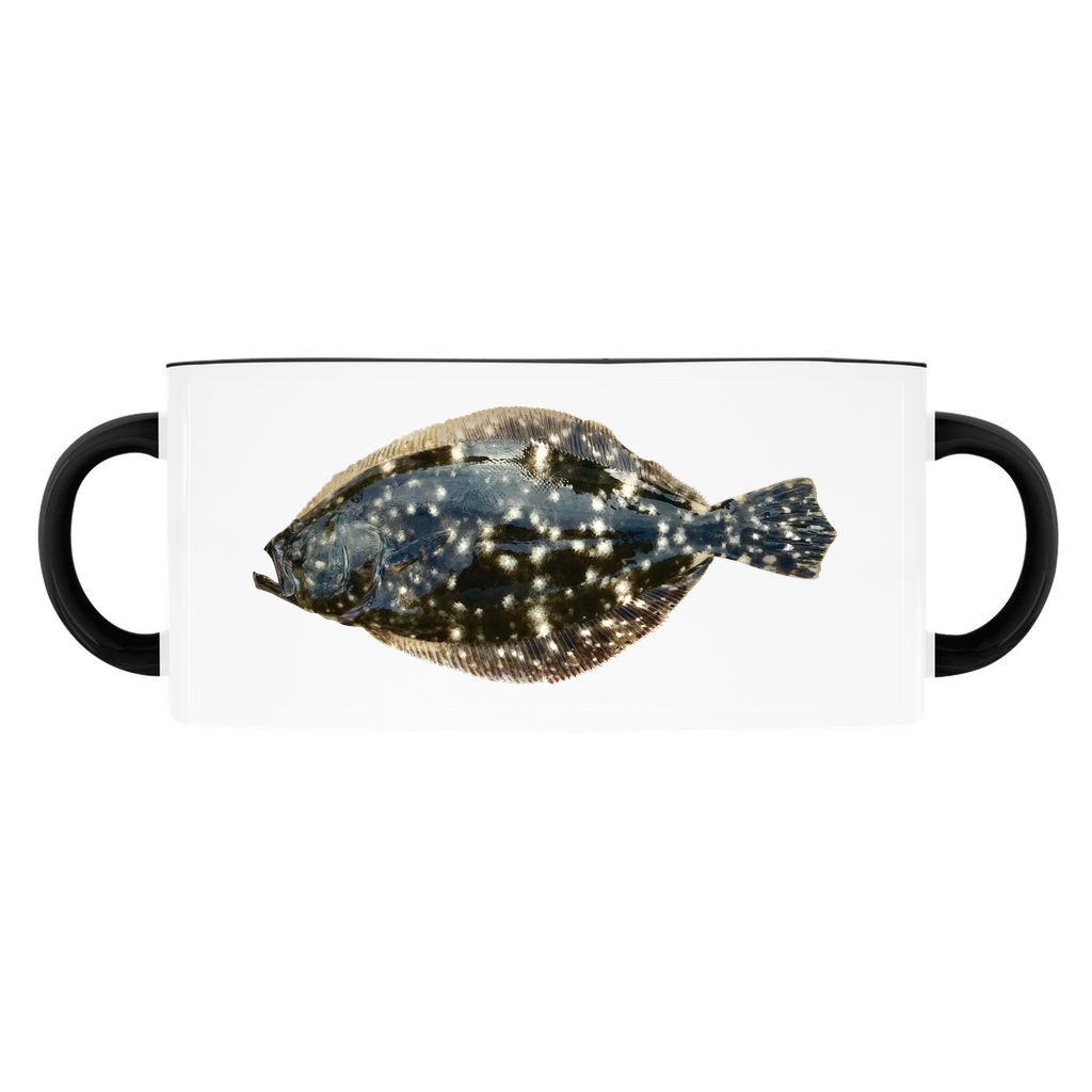 Summer Flounder, Fluke accent mug with black handle and rim on white background.
