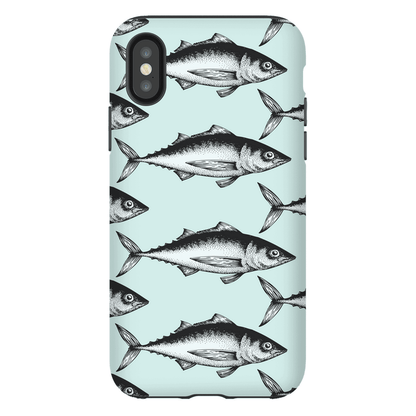 Vintage fish pattern phone case with a blue background, featuring illustrated black and white fish.