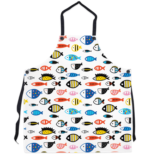 Colorful apron with vibrant fish decor pattern for a playful kitchen experience. Perfect for home chefs and marine theme lovers.