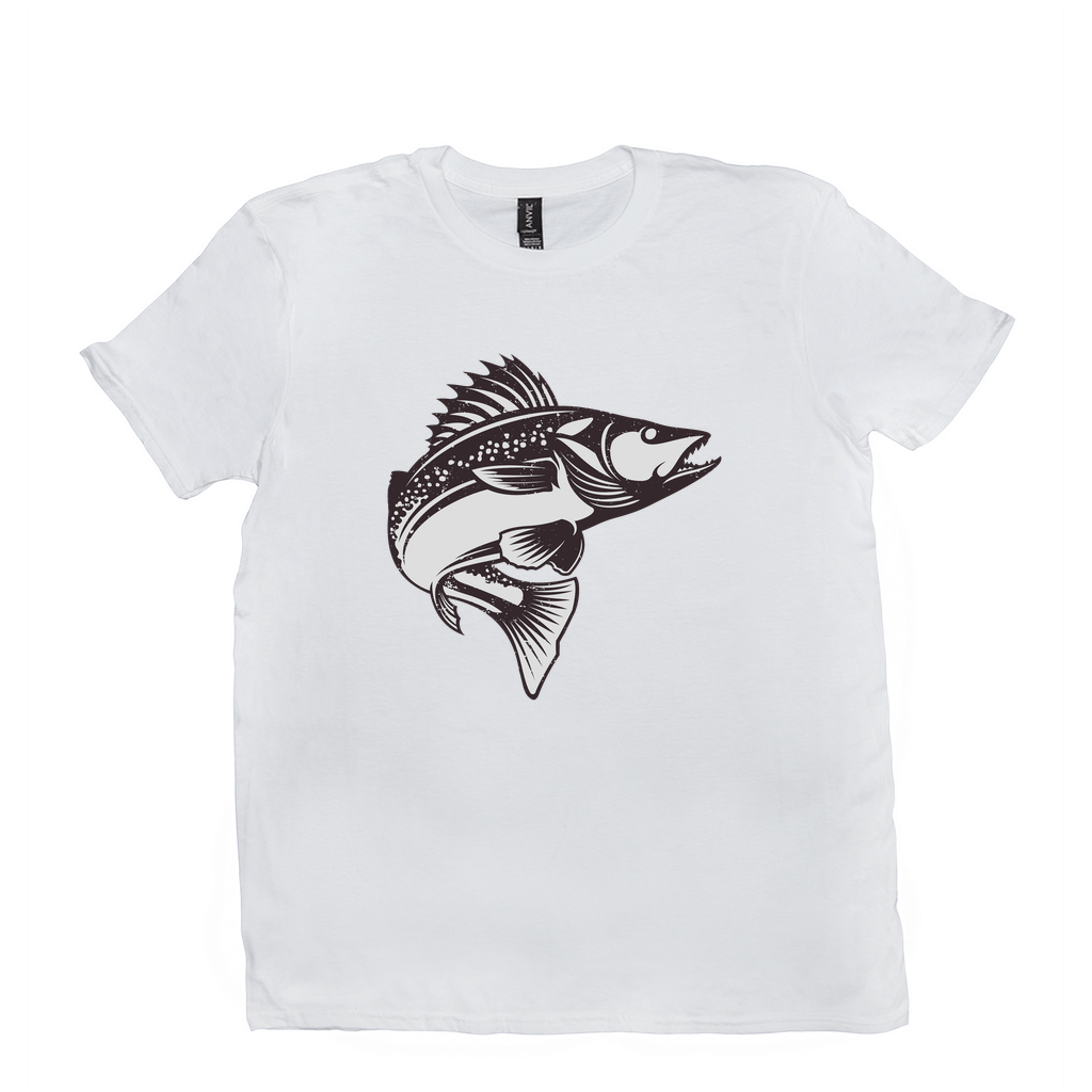 White Walleye T-Shirt with black fish design perfect for fishing enthusiasts and anglers.