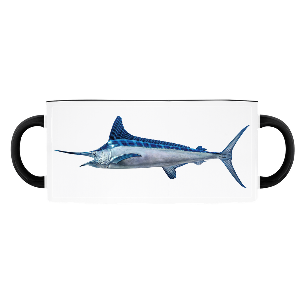 White Marlin accent mug with black handle and rim on white background.