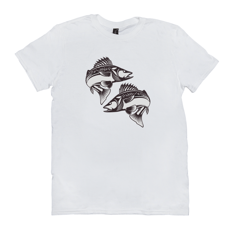 Walleye T-Shirt with black and white fish design, perfect for fishing enthusiasts and anglers, made from 100% cotton.