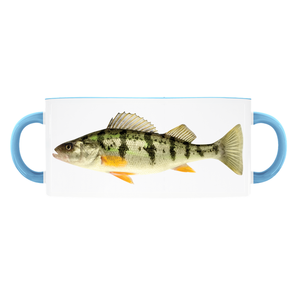 Yellow Perch accent mug with light blue handle and rim on white background.
