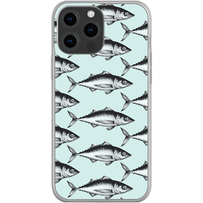 Stylish phone case with vintage fish pattern on light blue background