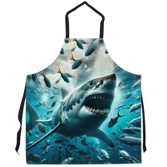 Bold Great White Shark apron with realistic ocean predator design for cooking.