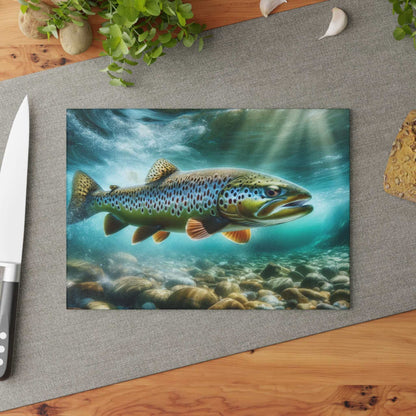 Brown Trout Glass Cutting Board with vibrant fish design on kitchen counter