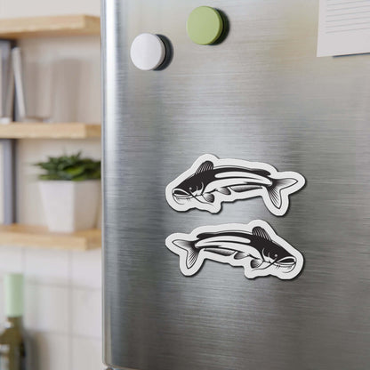 Two catfish-shaped magnets on a stainless steel fridge, perfect for fishing enthusiasts and nature lovers