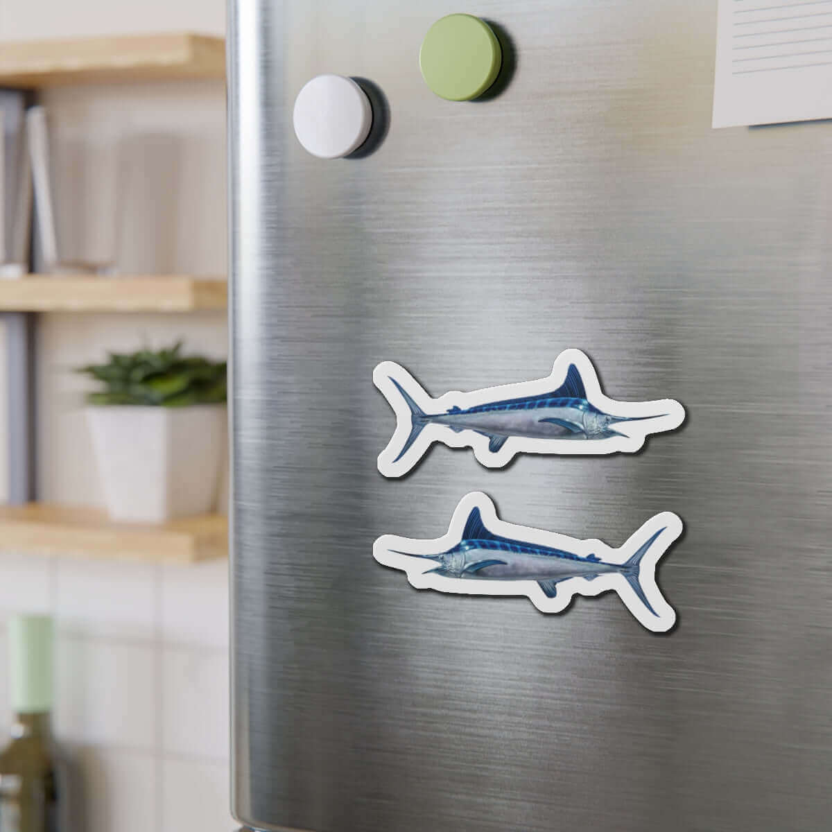 White Marlin fish shaped magnets on a fridge, perfect for fishing fans and fish décor enthusiasts.