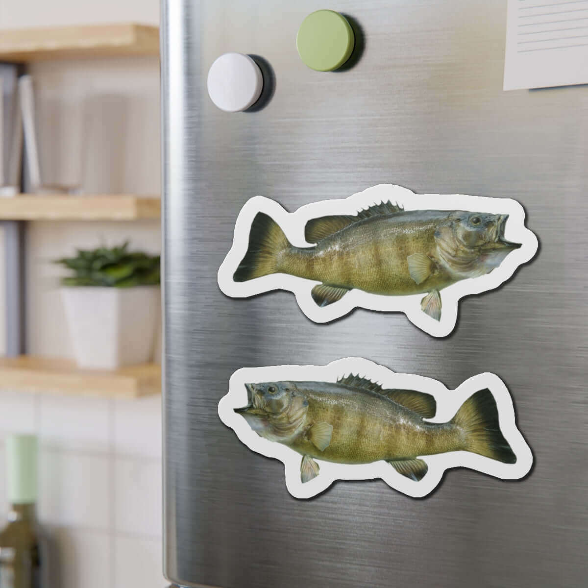 Smallmouth Bass fish-shaped magnets on a fridge add a fun fishing flair to your kitchen.