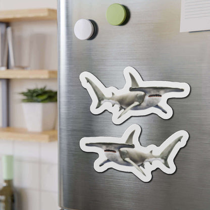 Hammerhead Shark fish shaped magnets on fridge, perfect for fun kitchen décor and fishing fans who love water-themed accessories.