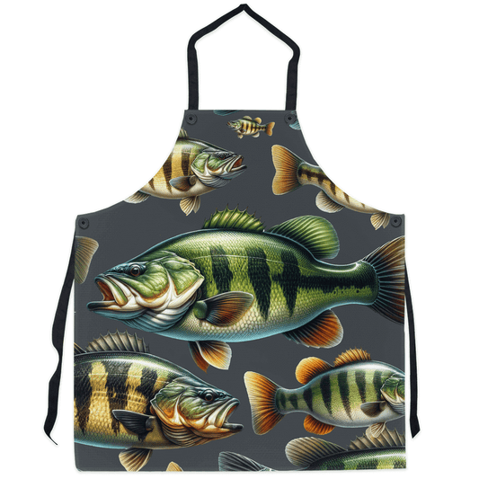 Apron featuring vivid largemouth bass design for fishing enthusiasts.