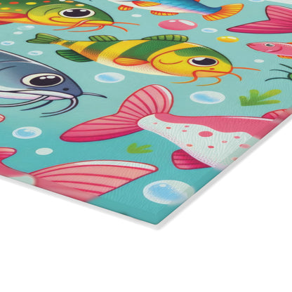 Vibrant fish design on a Catfish Glass Cutting Board for kitchen decor