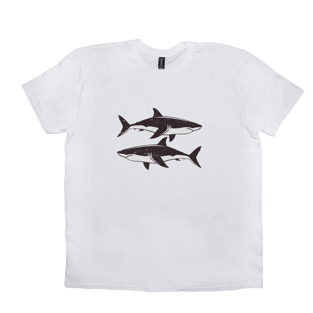 Great White Shark T-Shirt with a black and white design showcasing two sharks, ideal for fish, fishing, and angling enthusiasts.