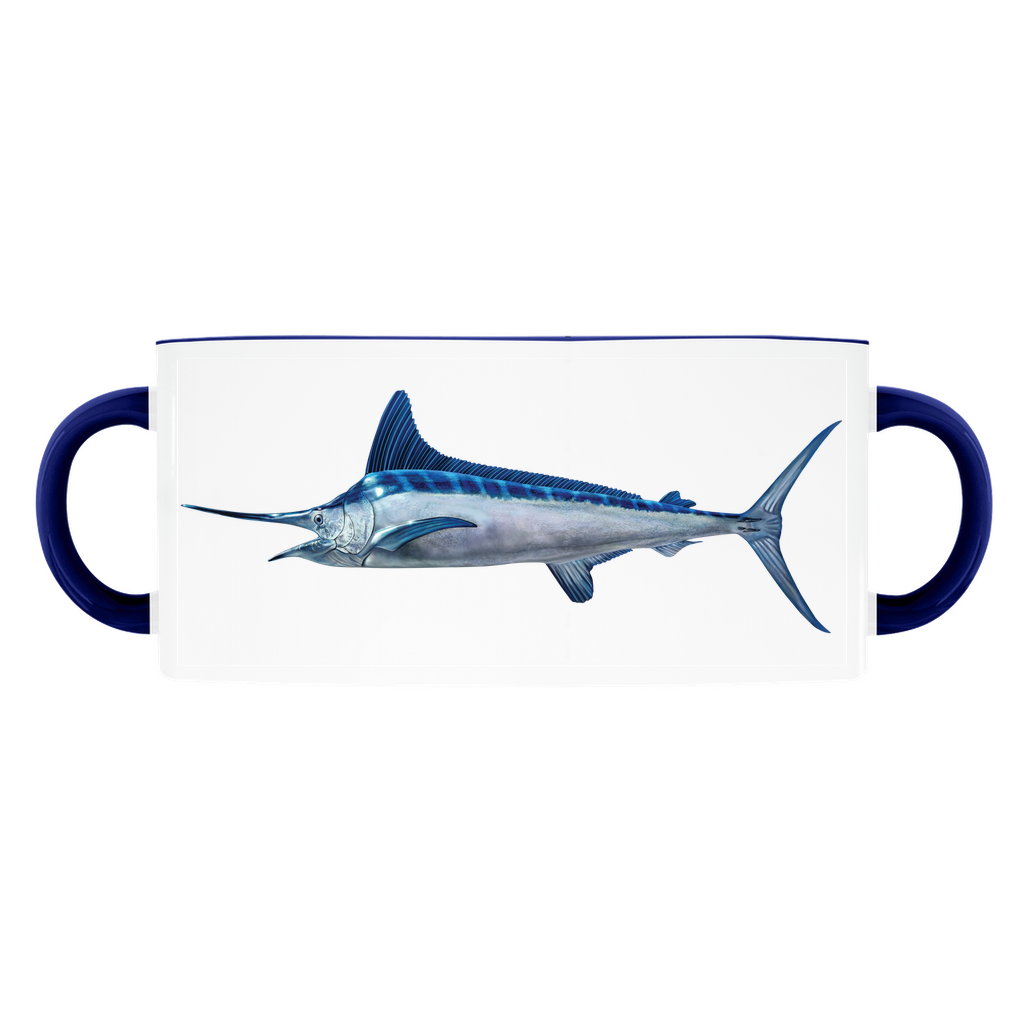 White Marlin accent mug with dark blue handle and rim on white background.