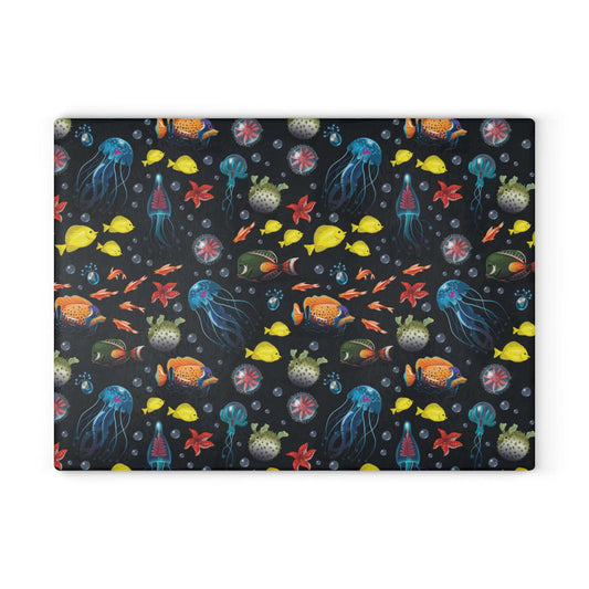 Deep Sea Fish Jellyfish glass cutting board with vibrant fish design and colorful sea creatures. Perfect for kitchen decor and food prep.