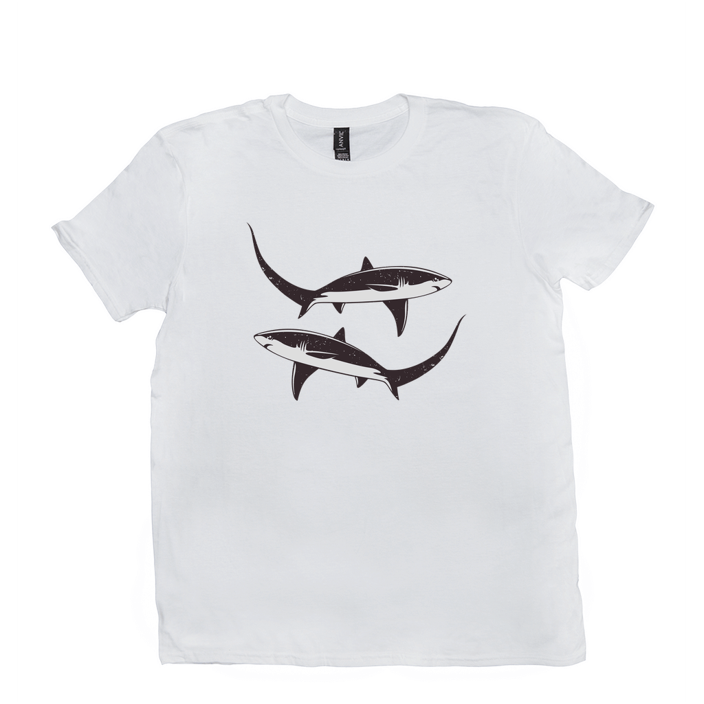 Thresher Shark T-Shirt with black and white design featuring elongated tail, perfect for fishing and angling enthusiasts