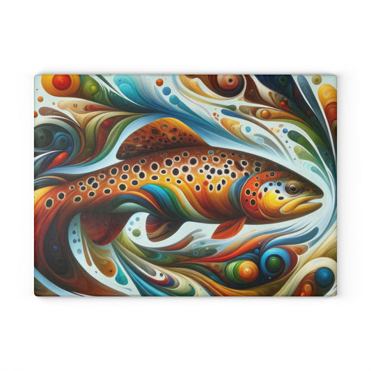 Vibrant abstract brown trout design on a glass cutting board, featuring colorful swirls and dot patterns.