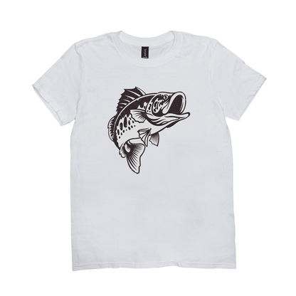 White T-shirt with black and white smallmouth bass fish design for fishing and angling enthusiasts.