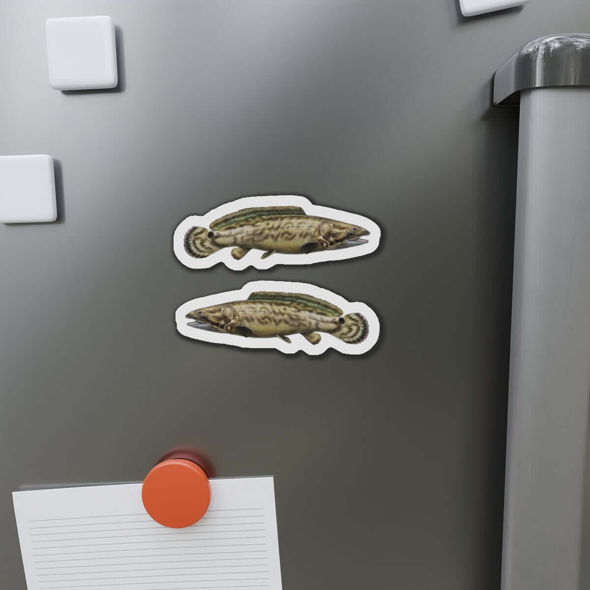 Bowfin fish shaped magnets on a fridge, featuring left and right-facing designs, perfect for fish décor and fishing fridge magnets.