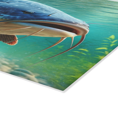 Close-up of Catfish Glass Cutting Board with vibrant fish design in blue water, perfect for kitchen decor and food prep.