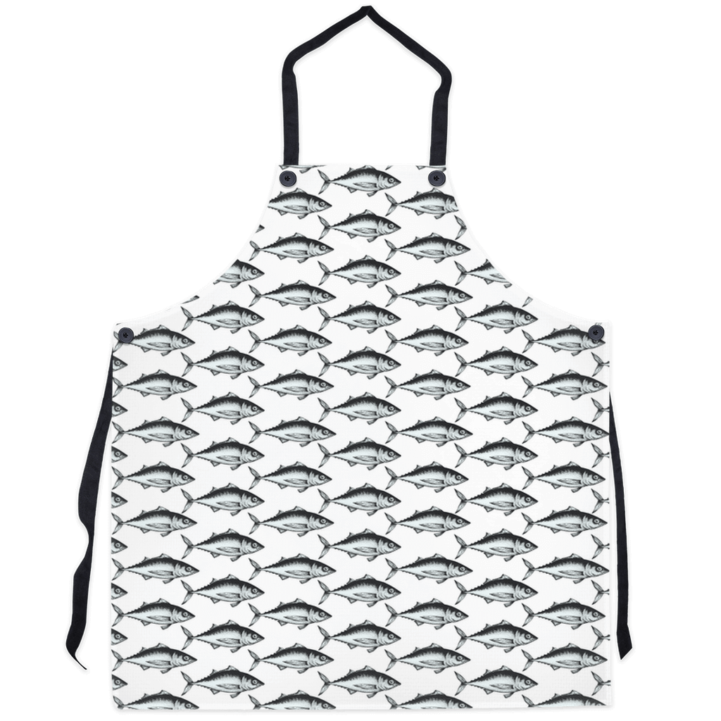 White apron with sardine fish design for seafood lovers and ocean enthusiasts.