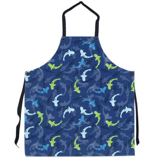 Ocean-themed apron with vibrant reef sharks pattern, perfect for marine life lovers and adding a splash of adventure to your kitchen attire