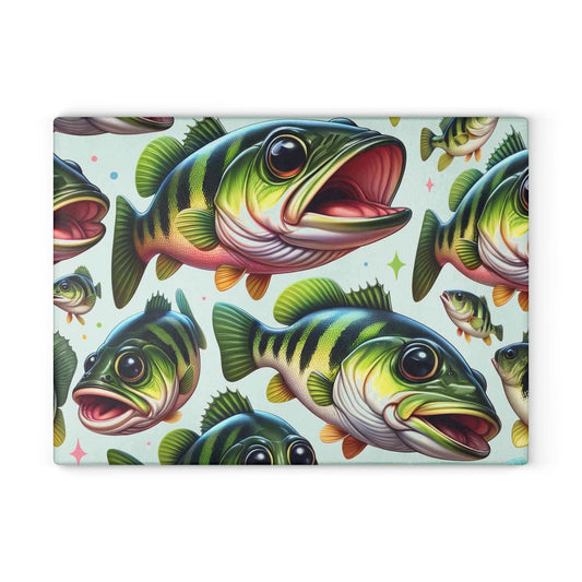 Vibrant largemouth bass design on glass cutting board