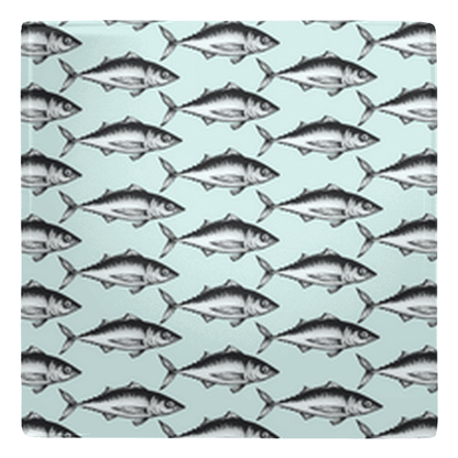 Pattern of fish décor on a teal background for stylish kitchen magnet design.