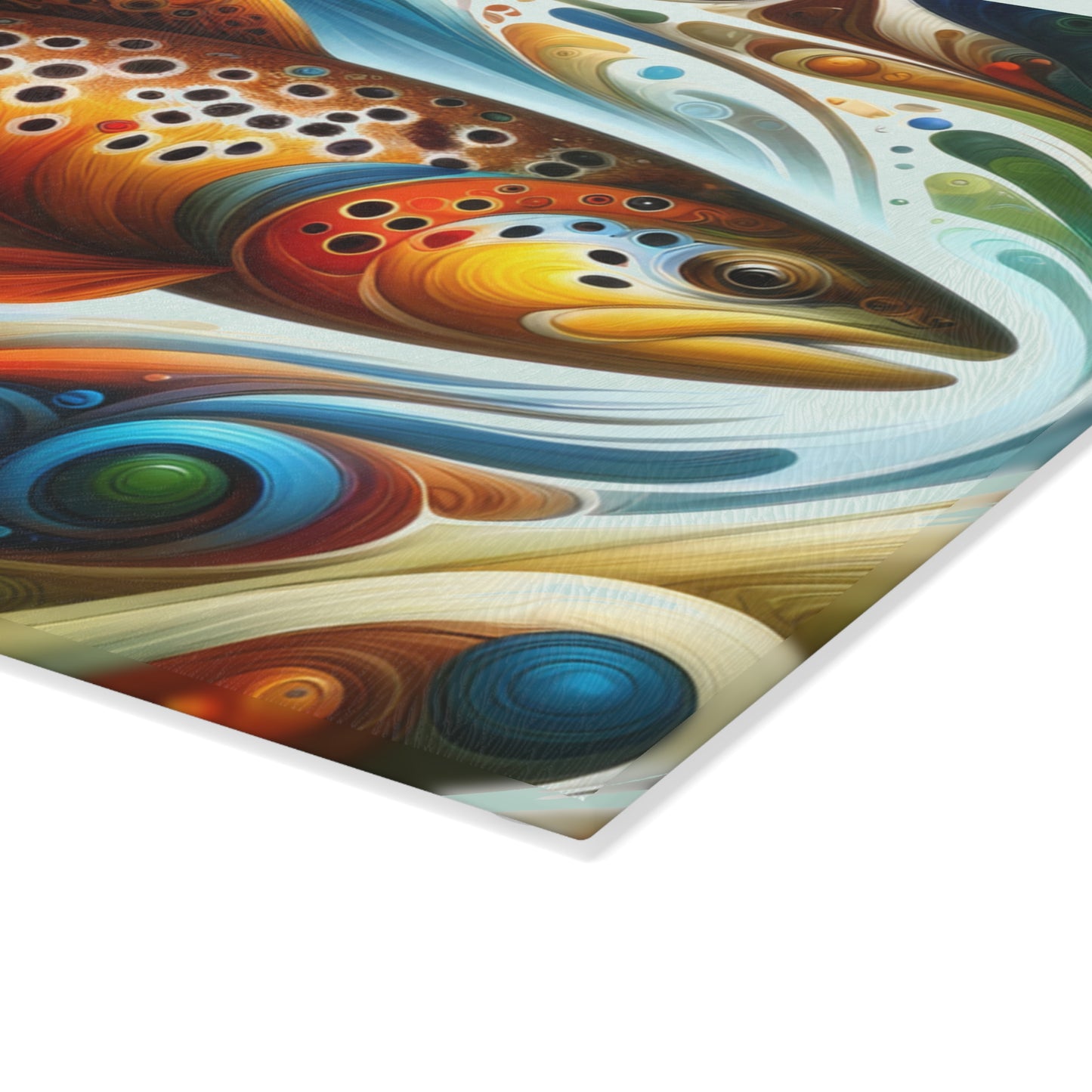 Brown Trout Psychedelic Abstract Glass Cutting Board with vibrant fish design