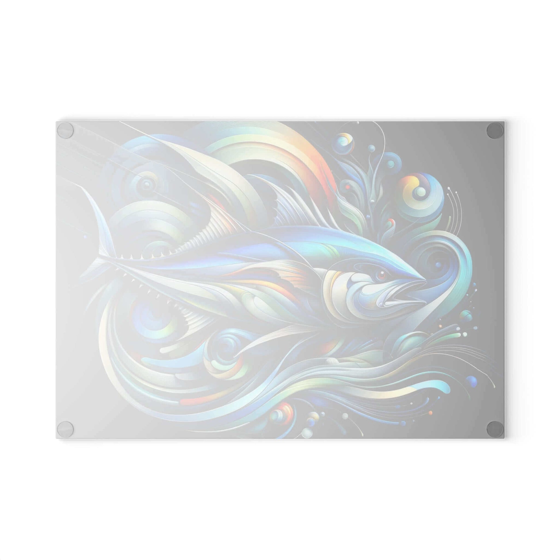 Bluefin Tuna Glass Cutting Board with vibrant fish design and swirling patterns