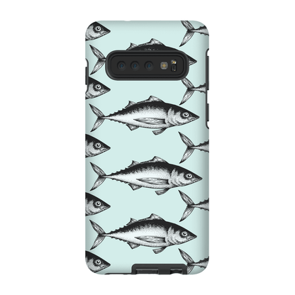 Smartphone case with black and white fish pattern on light blue background.