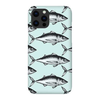 Phone case with fish pattern on a light blue background, featuring detailed black and white fish illustrations.