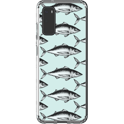 Transparent phone case with a vintage fish pattern on a light blue background.