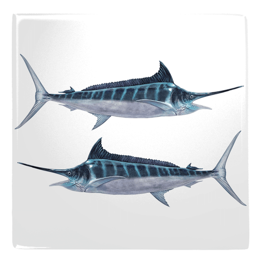 Marlin fish décor magnets in metal, perfect for kitchens and workspaces.