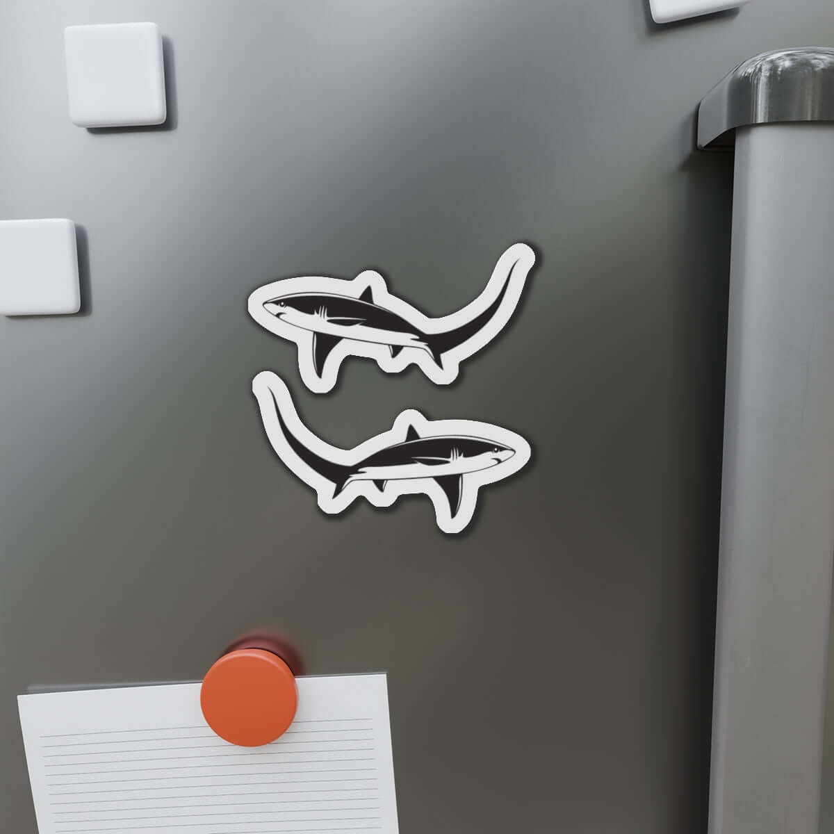 Thresher Shark fish shaped magnets on fridge, perfect for fish décor and fishing fridge magnets enthusiasts.