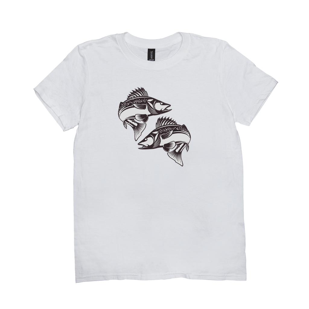 White Walleye T-Shirt with black and white fish design, perfect for fishing and angling enthusiasts