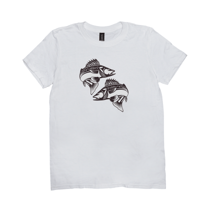 White Walleye T-Shirt with black and white fish design, perfect for fishing and angling enthusiasts