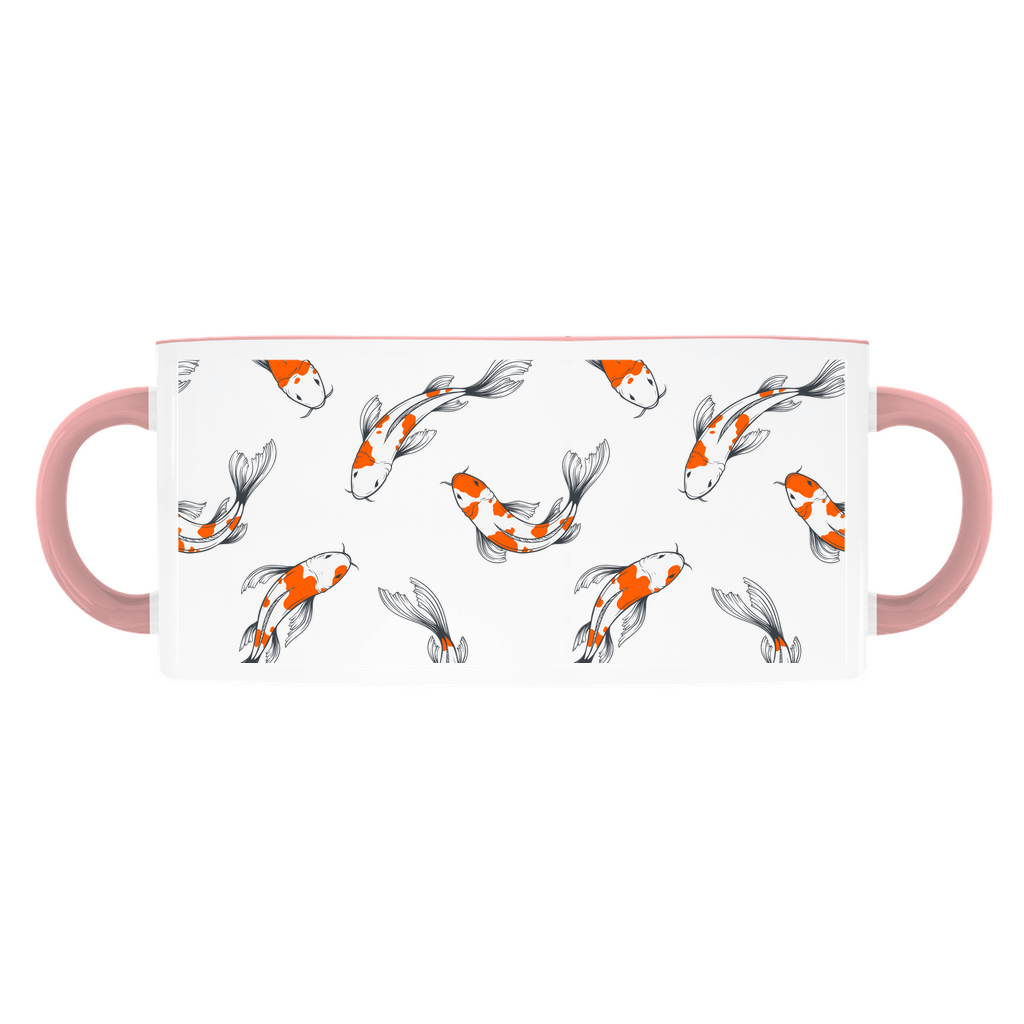 Koi Fish mug on a light blue background, with a pink handle and rim.