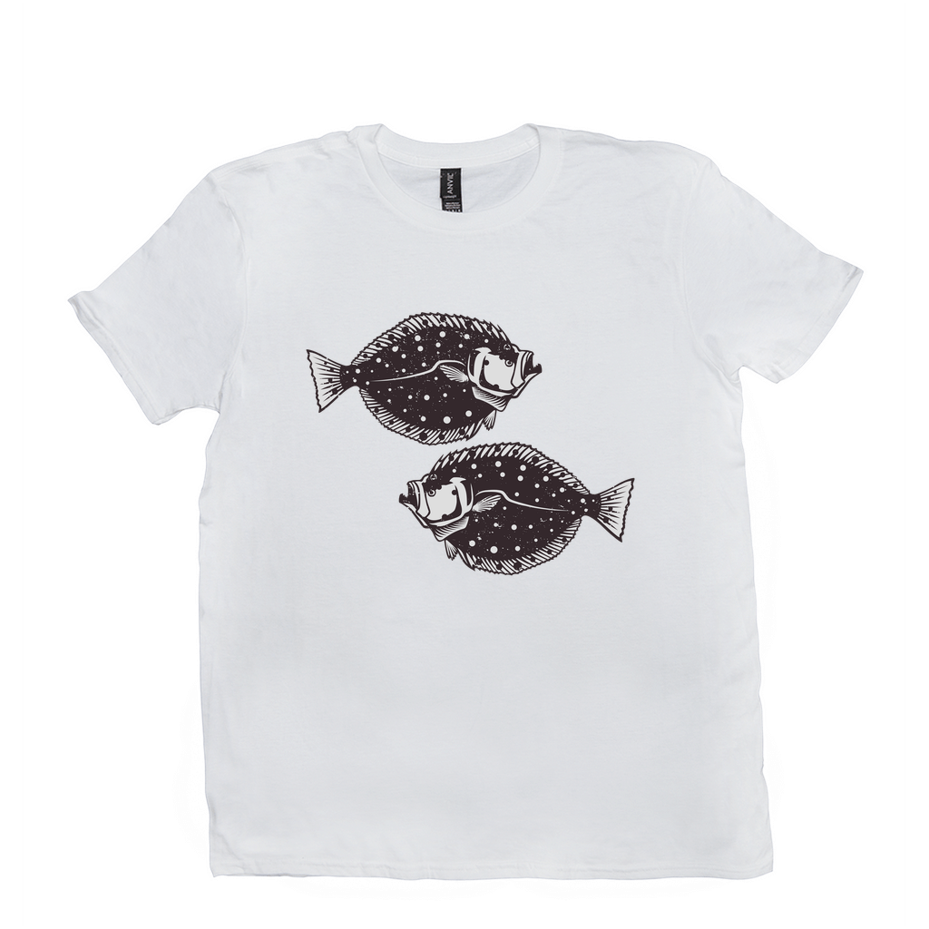 White Flounder T-Shirt with black fish design, perfect for fishing and angling enthusiasts, featuring 100% cotton for comfort.