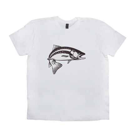 White Trout T-Shirt featuring black and white trout design. Perfect for fish enthusiasts, fishing fans, and anglers.