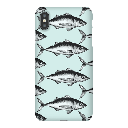 Stylish phone case featuring a repeated fish pattern on a light blue background