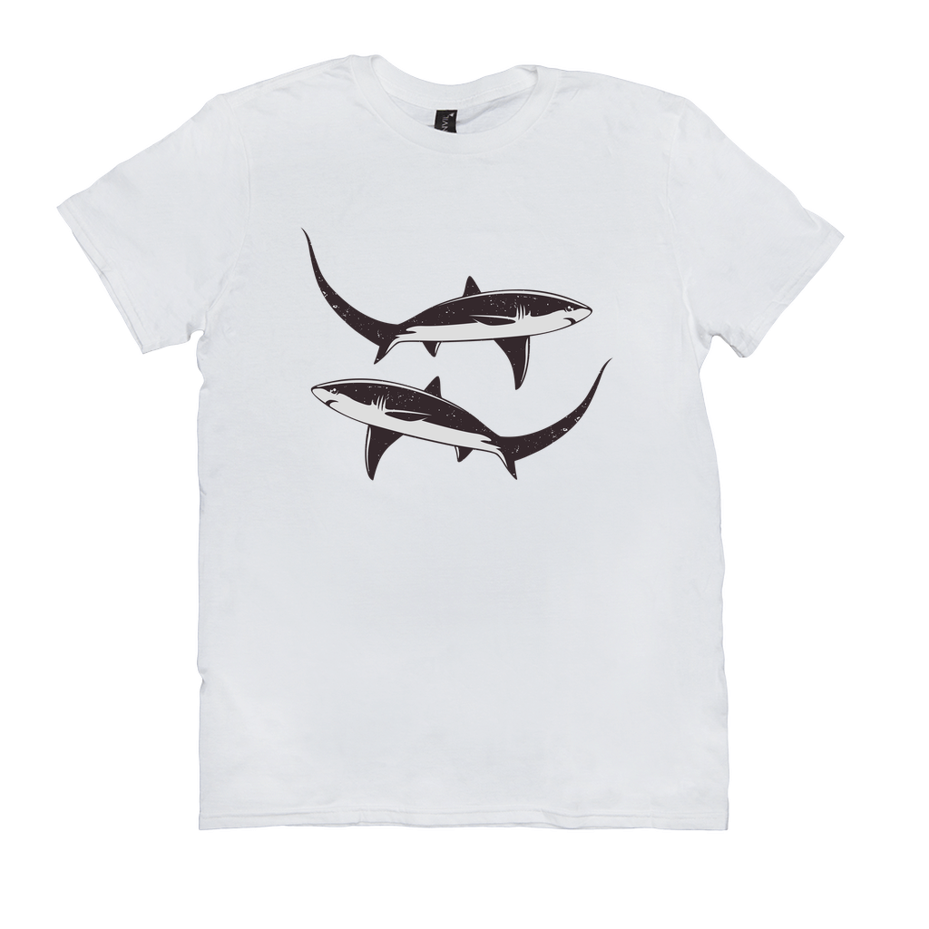 Thresher Shark T-Shirt in white with black and white shark design, perfect for fish and fishing enthusiasts, made from 100% cotton.